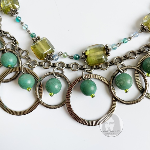 Treska Necklace Choker Beads Silver Metal Rings Stones Multi-Chain Mod Chic - Picture 4 of 10